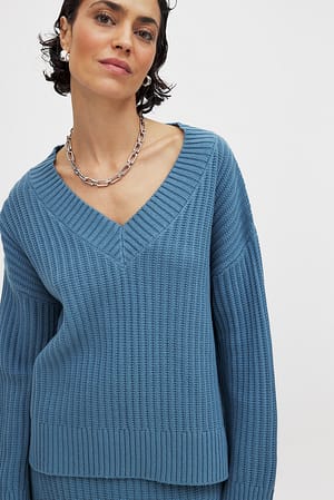 Blue Knitted Oversized V-Neck Sweater