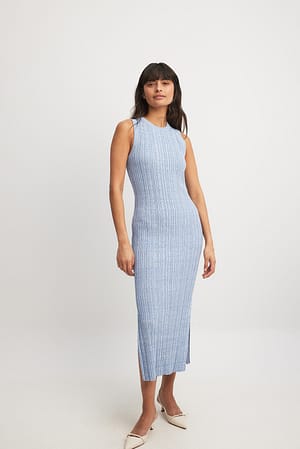 Blue Knitted Ribbed Sleeveless Midi Dress