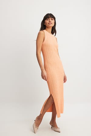 Orange Knitted Ribbed Sleeveless Midi Dress