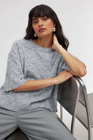 Grey Knitted Short Sleeve Sweater