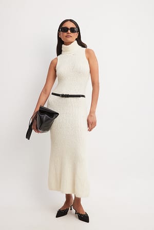 Offwhite Knitted Turtle Neck Maxi Dress