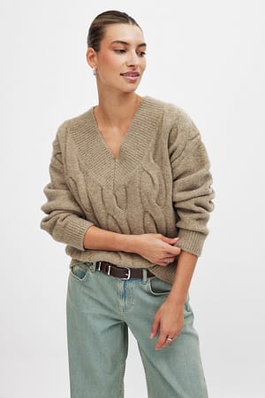 Beige Knitted V-Neck Cable Sweater