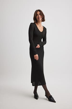 Black Knitted V-Neck Midi Dress