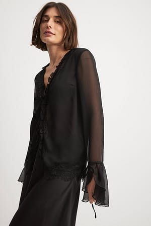 Black Lace Detail Chiffon Blouse