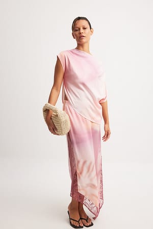 Pink Print Lace Satin Skirt
