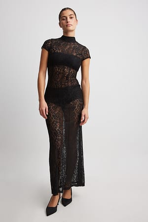 Black Lace Short Sleeve Maxi Dress