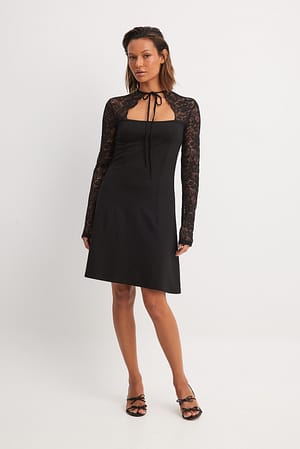 Black Lace Sleeve Jersey Mini Dress