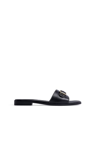 Black Leather Buckle Slippers