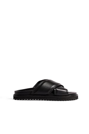 Black Leather Padded Crossed Strap Slippers