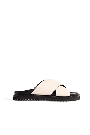 Cream/Black Leather Padded Crossed Strap Slippers