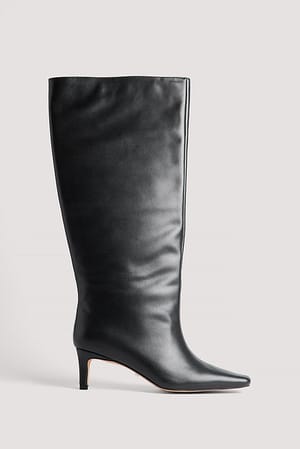 Black Leather Stiletto Wide Shaft Boots