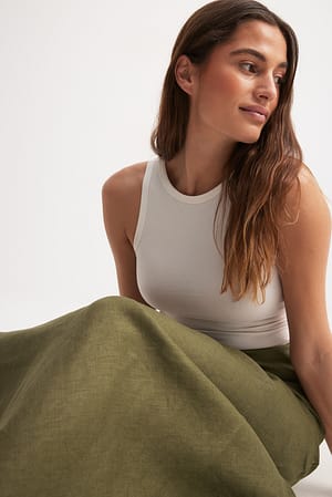 Olive Green Linen A-line Midi Skirt