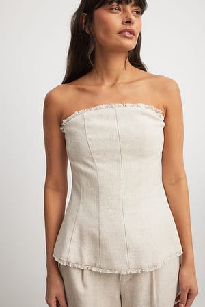 Beige Linen Blend Bandeau Top