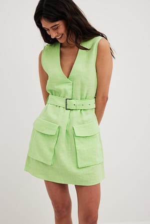 Green Linen Blend Cargo Dress