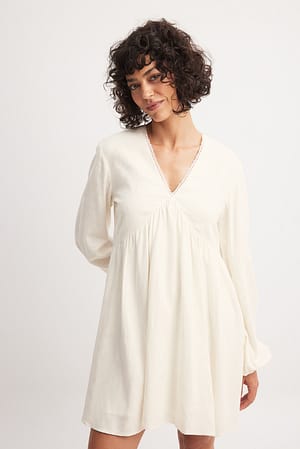 Cream Linen Blend Lace Trim Mini Dress