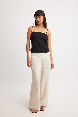 Light Beige Linen Blend Straight Mid Waist Pants