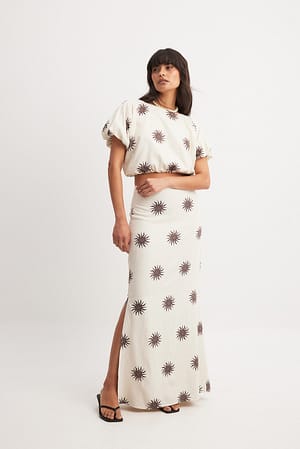 Beige Print Linen Look Maxi Skirt