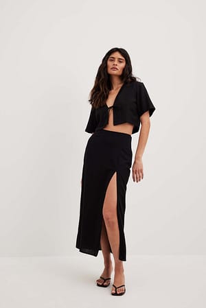 Black Linen Mix Slit Detail Midi Skirt