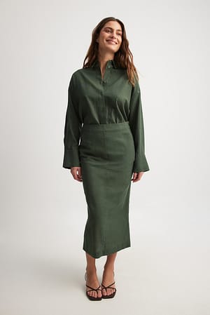 Dark Green Linen Pencil Midi Skirt