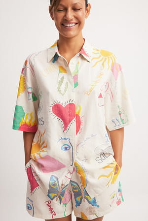 Print Linen Blend Short Sleeve Shirt