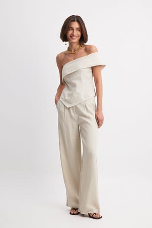 Beige Linen Wide Leg Pants