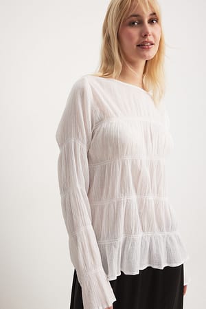 White Long Sleeve Smock Detail Blouse