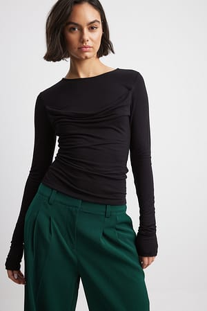 Black Long Sleeve Waterfall Detail Jersey Top