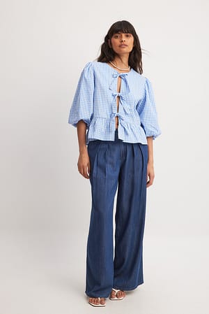 Blue Loose Pleat Detail Mid Waist Jeans