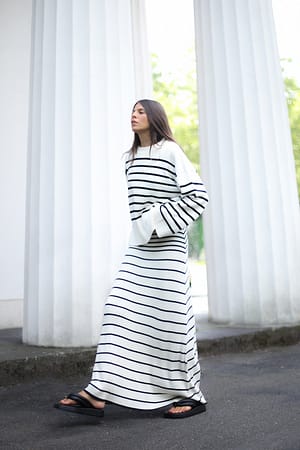 Off White/Navy Stripes Fine Knitted Striped Midi Dress