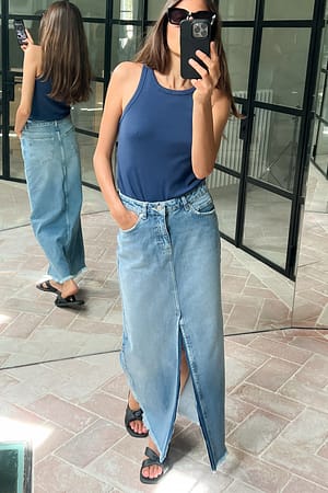 Light Blue Denim Wide Maxi Skirt