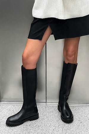 Black Knee High Leather Elastic Boots