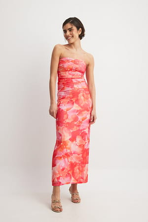 Pink Red Print Mesh Low Waist Maxi Skirt