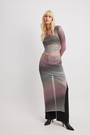 Ombre Print Mesh Maxi Dress