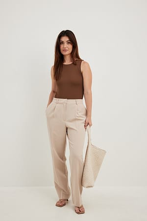 Beige Mid Rise Suit Pants