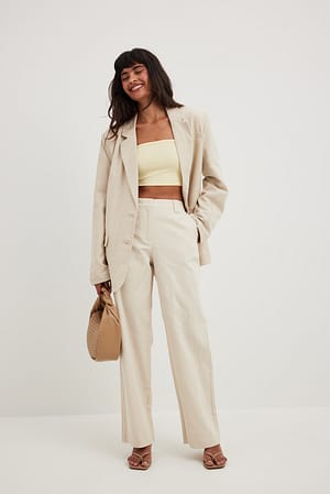 Beige Mid Waist Tailored Linen Suit Pants