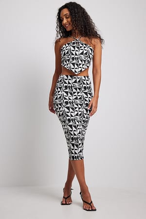 Black/White Print Midi Jacquard Skirt