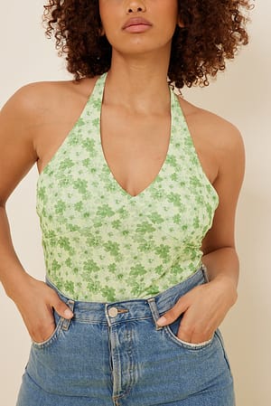 Green Flower Print Halterneck Singlet