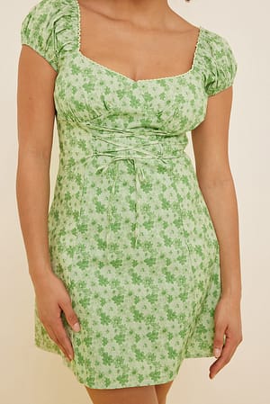 Green Flower Print Lacing Detail Puffy Sleeve Dress