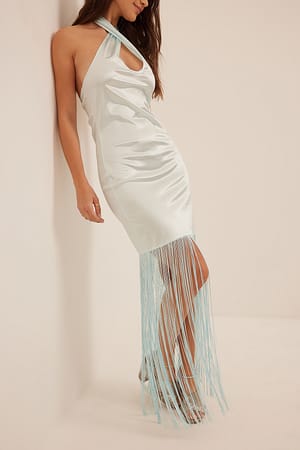 Light Blue Halterneck Fringe Detail Dress