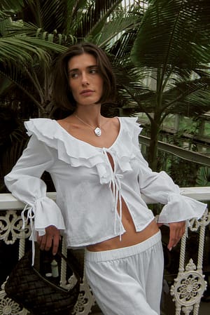 White Frilled Neck Linen Blend Blouse