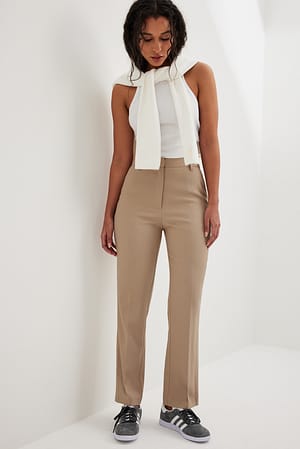 Taupe Ankle Length High Waist Suit Pants