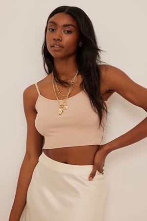 Beige Back Strap Crop Rib Singlet