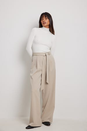 Sand Belted High Waist Wide Leg Suit Pants