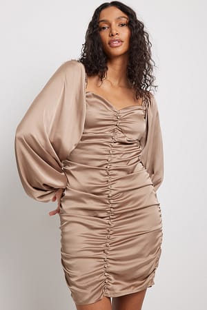 Taupe Button Detail Ruching Mini Dress