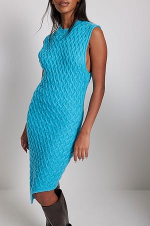 Blue Cable Knitted Asymmetric Mini Dress