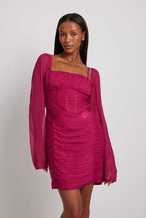 Cerise Chiffon Gathered Details LS Mini Dress