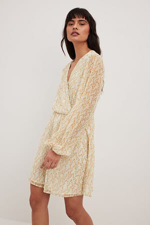 Yellow With Flower Print Chiffon Overlap Puff Sleeve Mini Dress