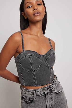 Vintage Grey Corset Strap Detail Denim Top