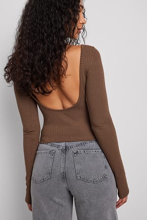 Brown Deep Back Long Sleeve Rib Top