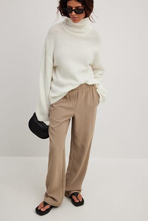 Beige Elastic Waist Wide Leg Pants